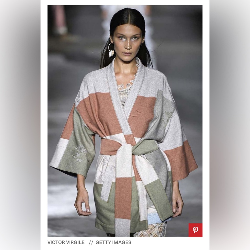 RUNWAY sample of pink mauve colorblock patch kimono 3/4 sleeves belt size Small